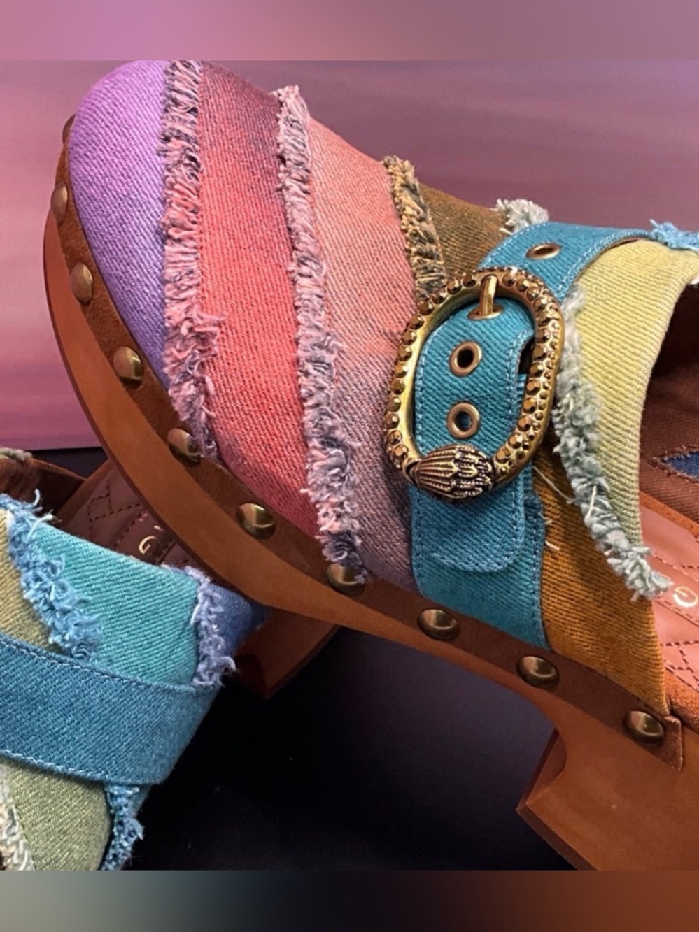 NIB Kurt Geiger Multicolor Frayed Denim Buckle Mules - Picture 5 of 8